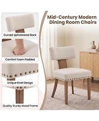 4 Set of Mid-Century Upholstered Dining Chairs, Linen Covered Chairs with Nailhead Trim, Curved Backrest and Wooden Legs for Kitchen, Dining Room