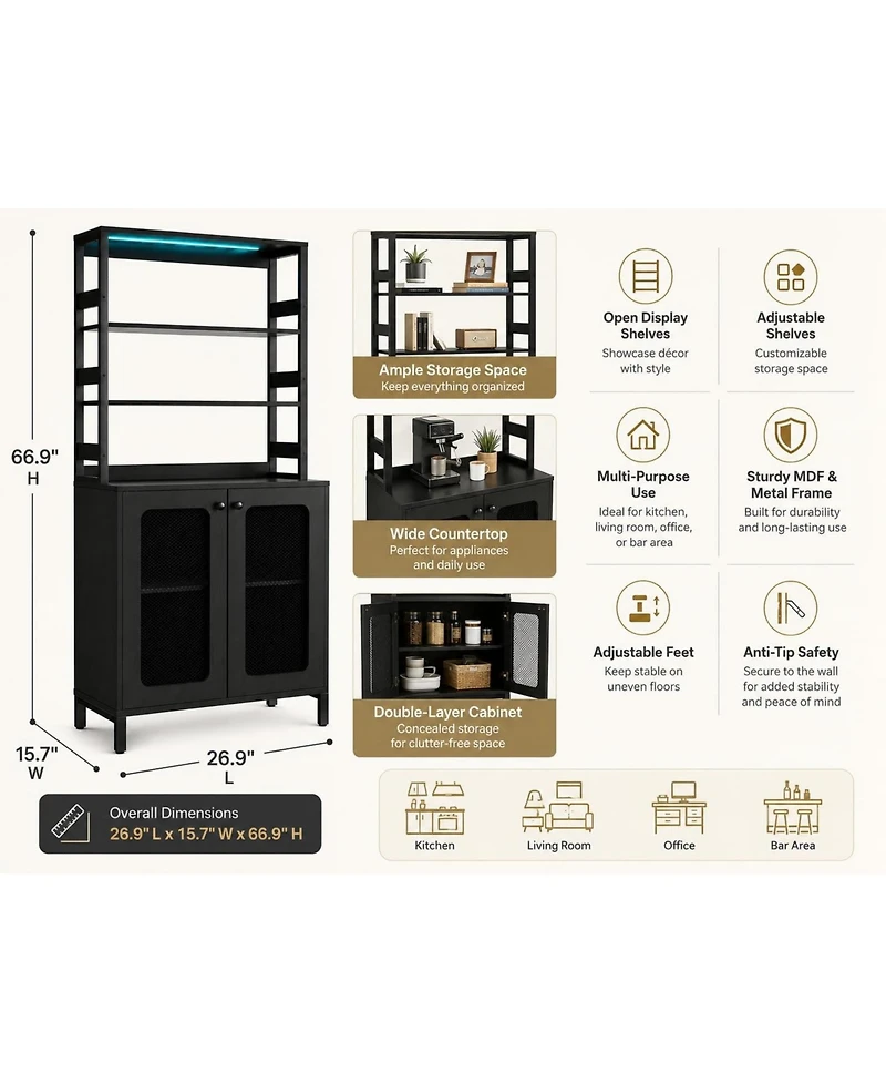 67 Inch Bar Cabinet, Farmhouse Bakers Rack with Rgb Led Lights, Power Outlet, Storage Shelves, Coffee Liquor Storage Hutch for Kitchen Dining Room