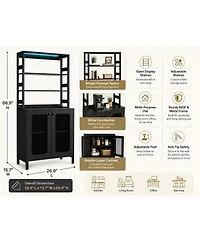 67 Inch Bar Cabinet, Farmhouse Bakers Rack with Rgb Led Lights, Power Outlet, Storage Shelves, Coffee Liquor Storage Hutch for Kitchen Dining Room