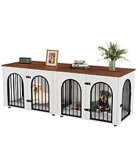 Dog Crate Furniture with Removable Divider, 71 Inch Indoor Double Pet Kennel Home for 2 Dogs, Tv Stand End Table, White and Brown