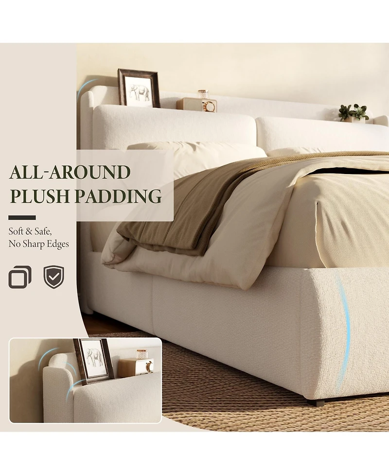 Upholstered Bed Frame with Shelf and Drawers, Chenille Platform Bed with Built in Headboard Shelf for Phone and Books
