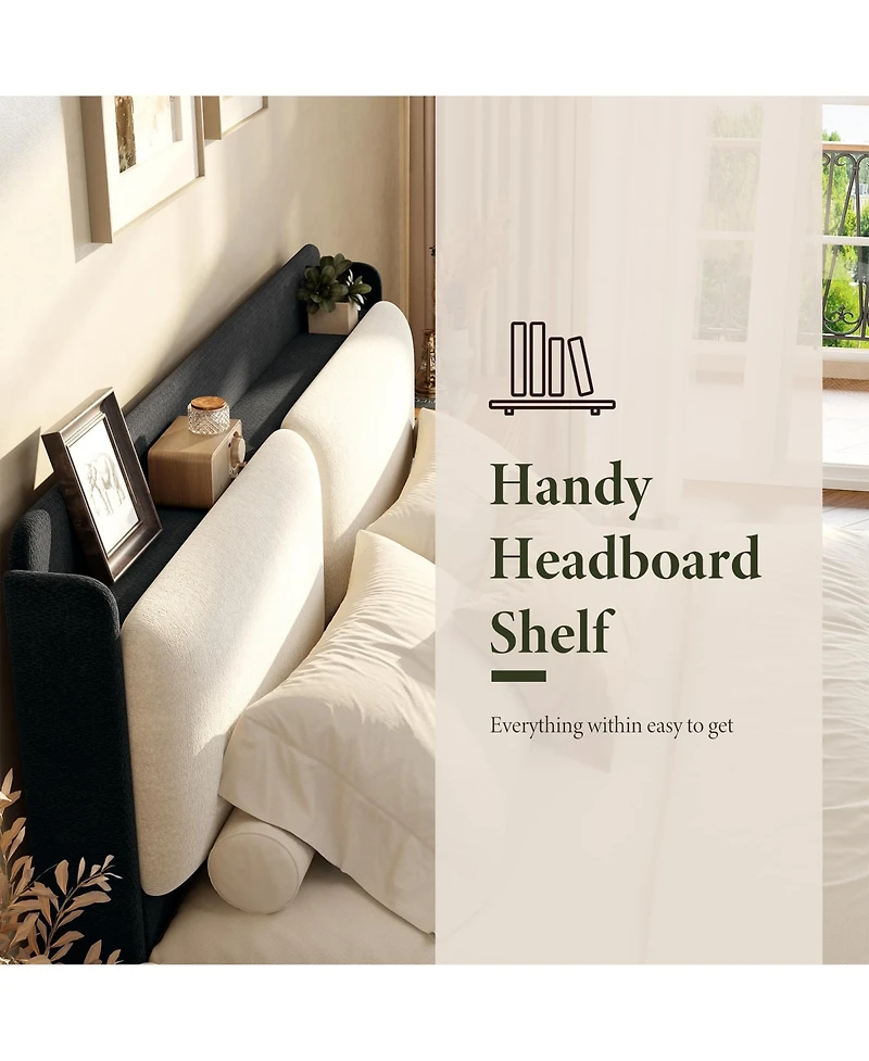 Upholstered Bed Frame with Shelf and Drawers, Chenille Platform Bed with Built in Headboard Shelf for Phone and Books