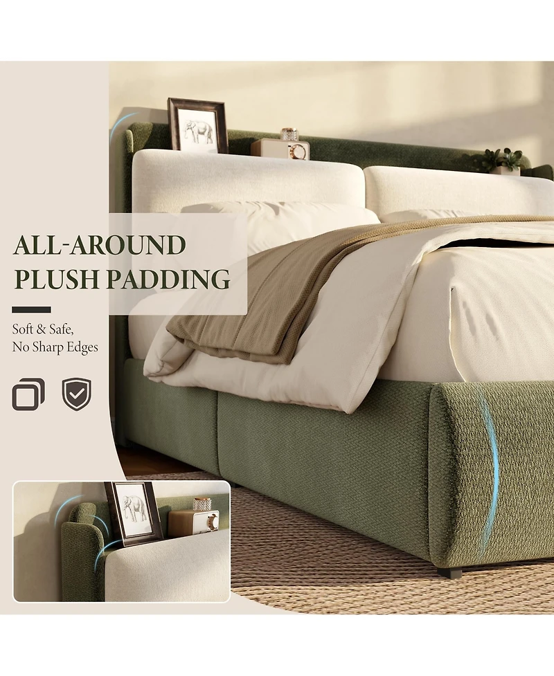 Upholstered Bed Frame with Shelf and Drawers, Chenille Platform Bed with Built in Headboard Shelf for Phone and Books