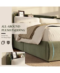 Upholstered Bed Frame with Shelf and Drawers, Chenille Platform Bed with Built in Headboard Shelf for Phone and Books