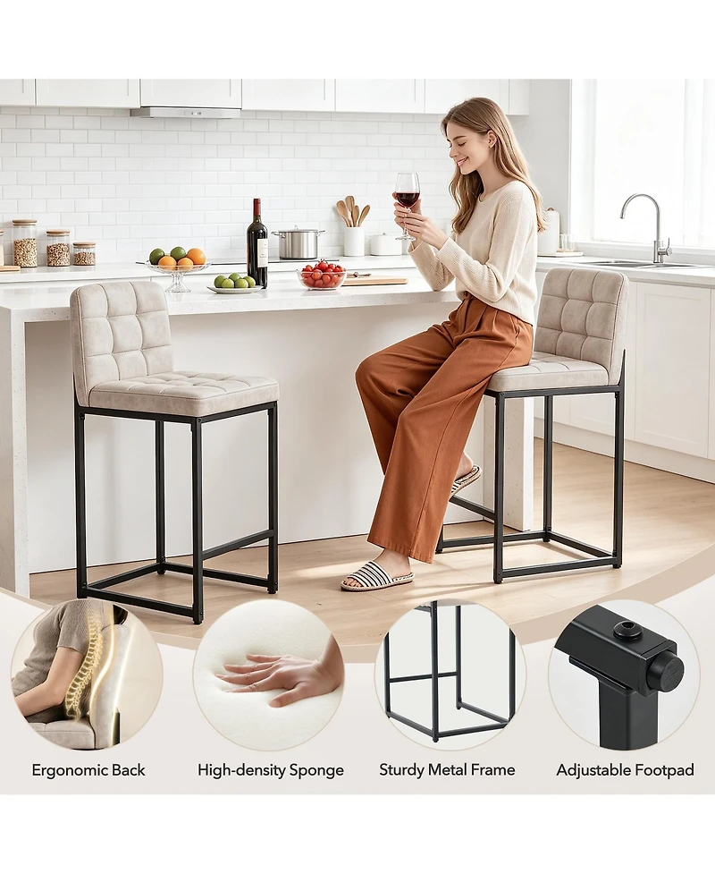 Set of 6 Modern Counter Height Bar Stools, Faux Leather Upholstered Stools with Backrest and Footrest, Armless Design and Metal Legs for Kitchen