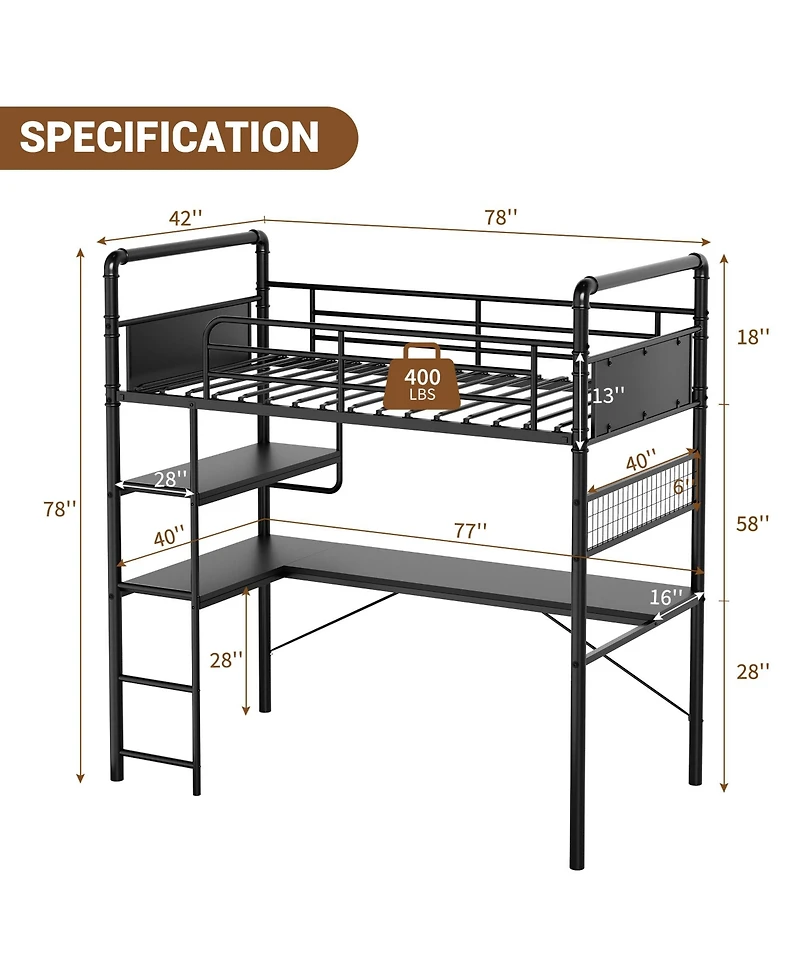 Loft Bed Twin Size Metal Heavy Duty with L-Shaped Desk and Storage Shelves High Guardrail Ladder 400 lbs Capacity Space-Saving for Bedroom Dorm Black