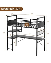 Loft Bed Twin Size Metal Heavy Duty with L-Shaped Desk and Storage Shelves High Guardrail Ladder 400 lbs Capacity Space-Saving for Bedroom Dorm Black