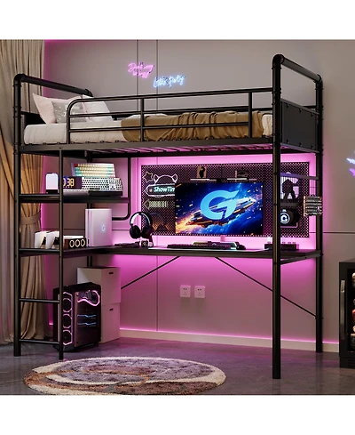 Loft Bed Twin Size Metal Heavy Duty with L-Shaped Desk and Storage Shelves High Guardrail Ladder 400 lbs Capacity Space-Saving for Bedroom Dorm Black