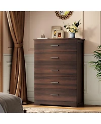 Dresser Set of 2 Mid-Century Modern 5-Drawer Chest Wood Storage Cabinet with Metal Handles for Bedroom Living Room Entryway Hallway