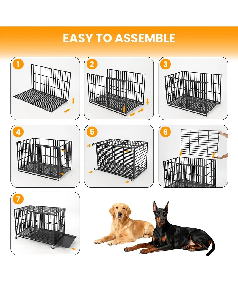 Large Heavy Duty Dog Crate, Large Metal Wire Kennel with Double Doors for Medium Large Dogs, Foldable with Removable Tray