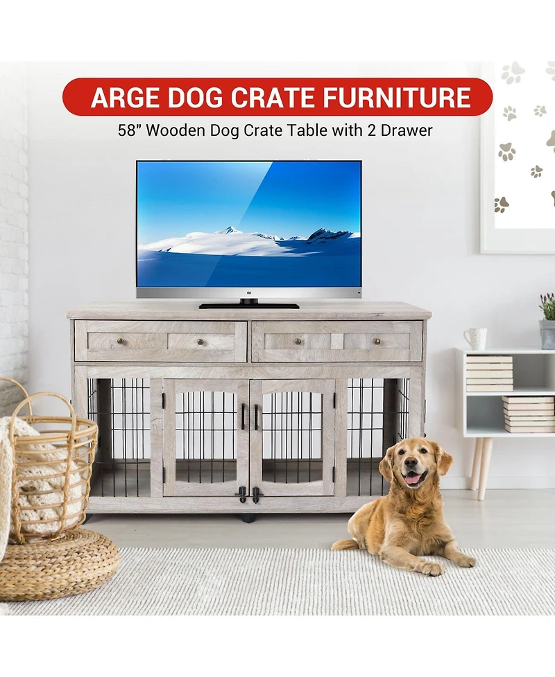58 Inch Double Door Dog Crate, Large Engineered Wood Pet House with Metal Frame for Indoor Outdoor Use, Gray/Flamed Wood