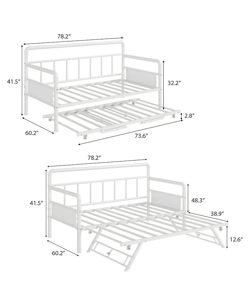 Full Daybed with Pop Up Trundle, White Platform Bed with Headboard, Steel Slat Support, No Box Spring Needed, Versatile Sofa Bed for Living Room