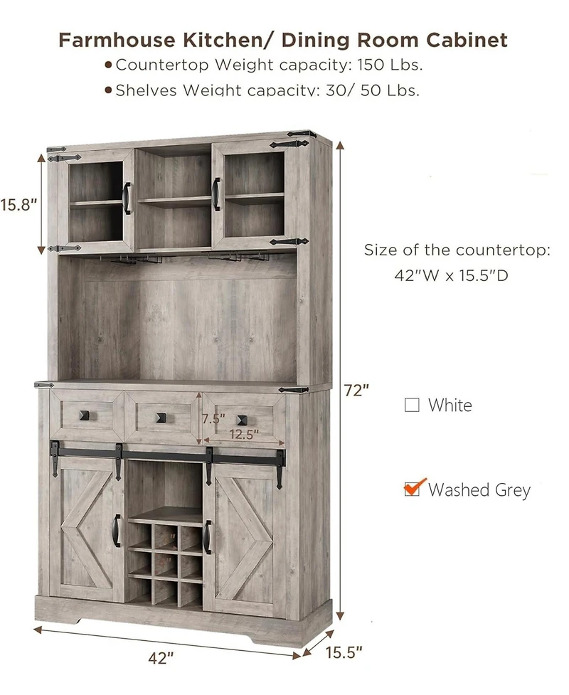 72 in Farmhouse Bar Cabinet with Sliding Barn Door, Tall Kitchen Buffet with Storage Hutch, Wine Sideboard with Wine and Glasses Rack, for Living Room