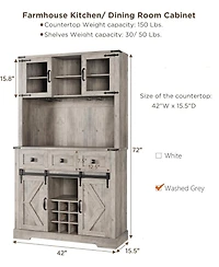 72 in Farmhouse Bar Cabinet with Sliding Barn Door, Tall Kitchen Buffet with Storage Hutch, Wine Sideboard with Wine and Glasses Rack, for Living Room