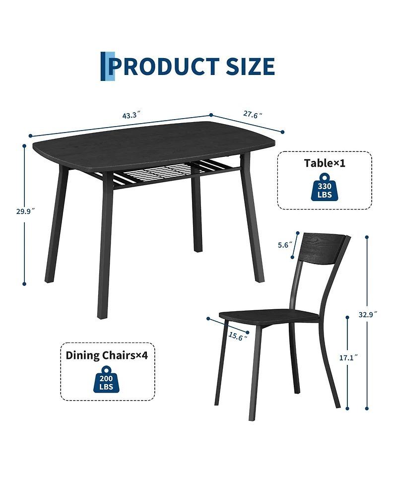 5-Piece Dining Table Set for 4, Space-Saving Kitchen Table and Ergonomic Curved Chairs with Under Table Storage Rack, Safe Rounded Corners, Black