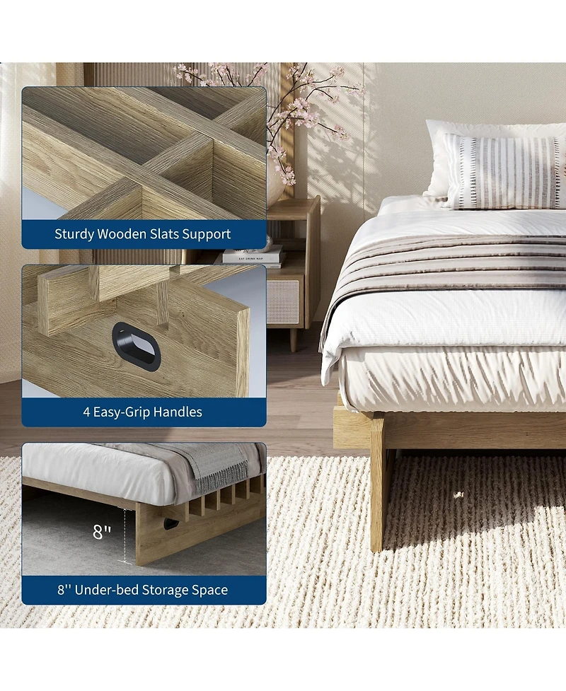 Minimalist Low Profile Platform Bed Frame, Noise-Free Slat Support, No Box Spring Needed