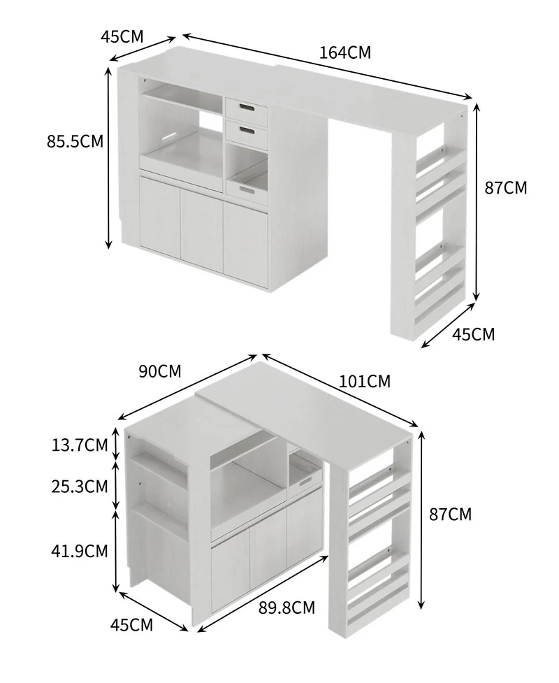 Extendable Rotating Kitchen Island Dining Table, Multi-Functional Mdf Counter with Drawers, Cabinet, Storage Rack for Kitchen Dining Room Home Office