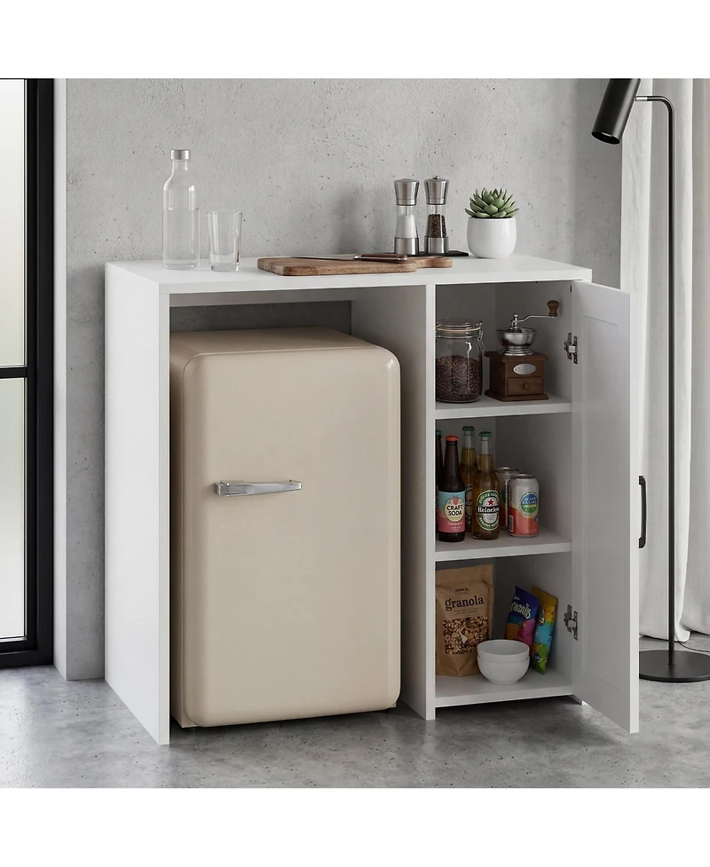 Coffee Bar Cabinet with Fridge Space, Mini Fridge Stand with Barn Door, Built-In Power Outlet, Adjustable Storage Space for Kitchen, Office, Dorm