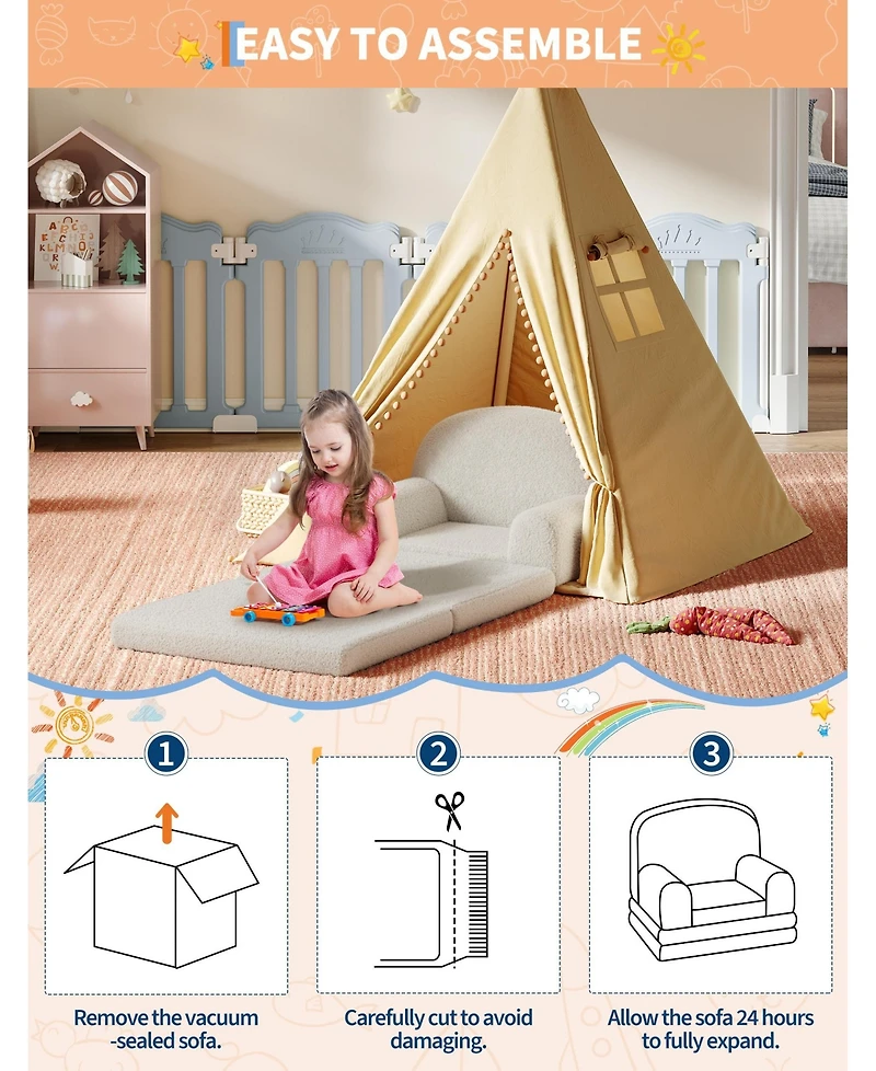 Convertible Kids Sofa, 2-in-1 Fold Out Kids Lounge Chair and Toddler Soft Couch for Playroom Nursery