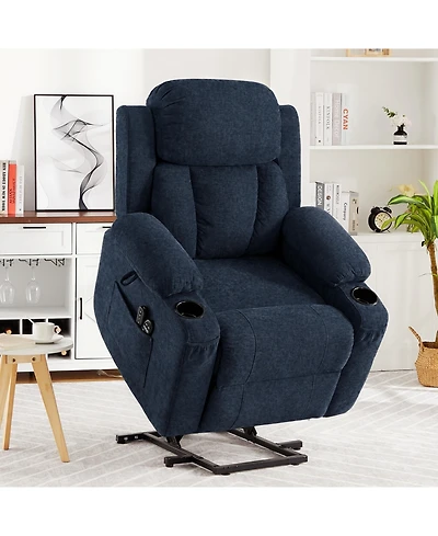 Oversized Chenille Power Lift Recliner with Heat, Massage and Memory Remote, Usb, Cup Holders,Blue