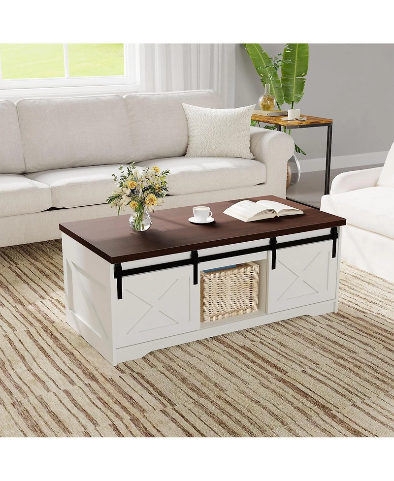 Farmhouse Lift-Top Coffee Table, Adjustable Height Hydraulic Lift, Hidden Storage Compartment, Shelf, Versatile For Home, Office, Living Room