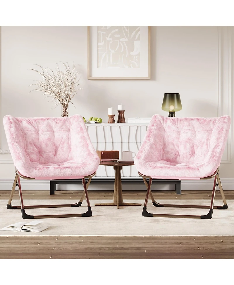 Folding Saucer Chairs Set of 2 Comfy Faux Fur Lazy Chair with Metal Frame 300 lb Capacity No Assembly Required for Bedroom Dorm Apartment