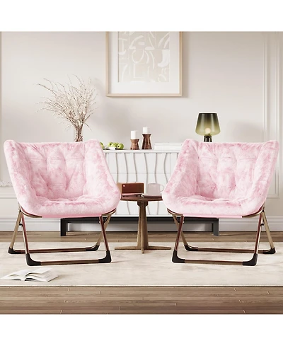Folding Saucer Chairs Set of 2 Comfy Faux Fur Lazy Chair with Metal Frame 300 lb Capacity No Assembly Required for Bedroom Dorm Apartment