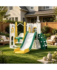 Compact Toddler Swing and Slide Playset for Kids Ages 2-6, Outdoor Backyard Playground with Swing Slide, Blue-Gray/Orange-Green/Gray-White