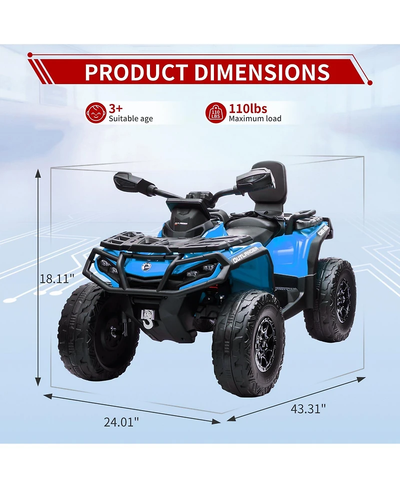 24V Dual Seat Kids Ride On Atv Utility Vehicle, 4WD Battery Powered Off Road Car with Foam Wheels for Outdoor Fun, Grey/Brown/Red/Blue, Ages 3-8