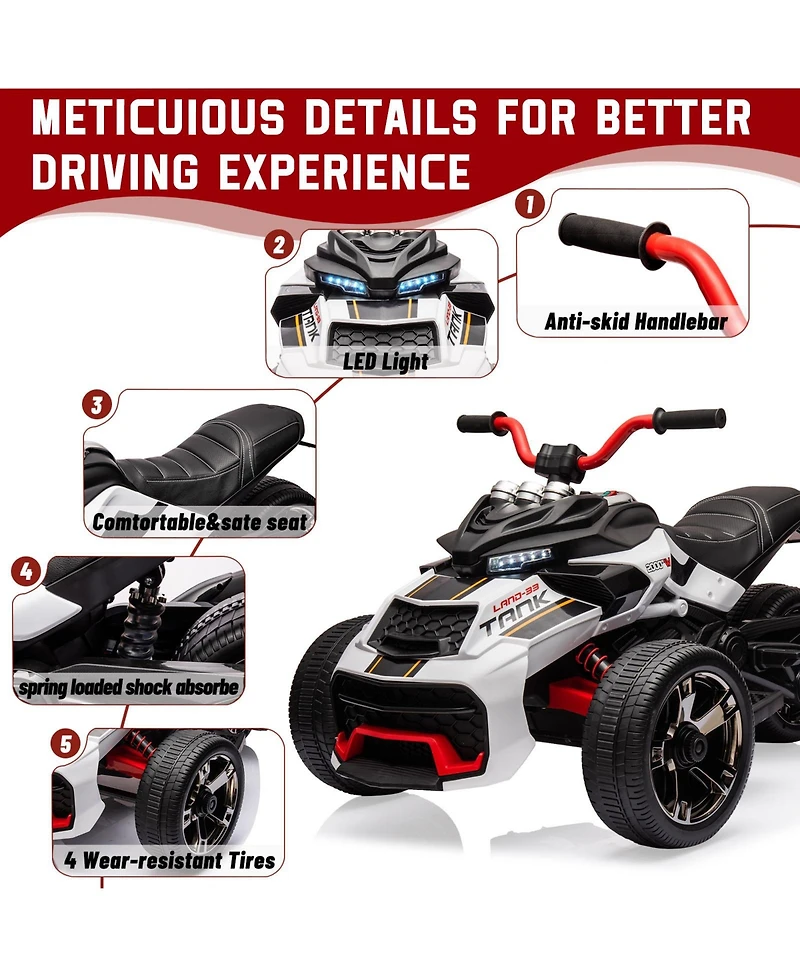 Single Seat 12V Kids Ride On Atv Toy Ages 3-6, Battery Powered 3-Wheel Quad with Leather Seat, Backyard Driving, White