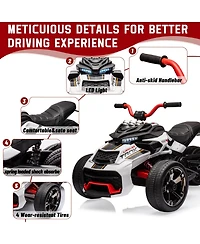Single Seat 12V Kids Ride On Atv Toy Ages 3-6, Battery Powered 3-Wheel Quad with Leather Seat, Backyard Driving, White