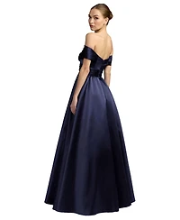 Mac Duggal Women's Navy Satin Off The Shoulder Twist Evening Ball Gown