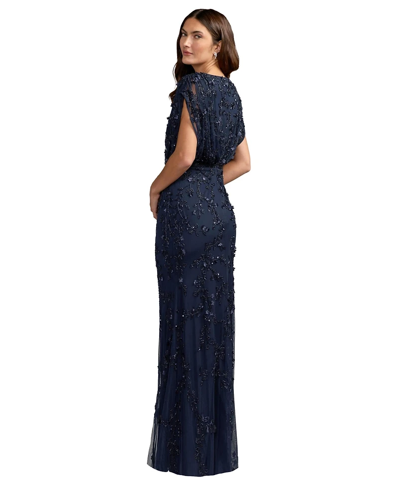 Mac Duggal Women's Beaded Floral Embroidered Mesh Gown