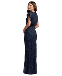 Mac Duggal Women's Beaded Floral Embroidered Mesh Gown