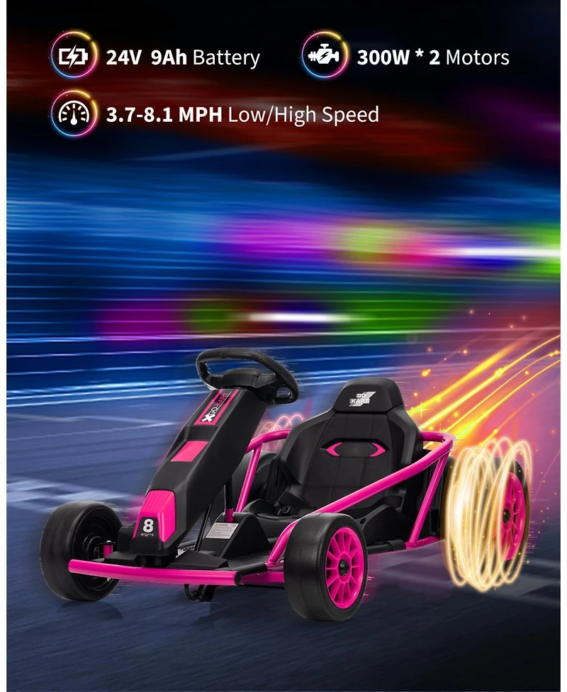 43 Inch 24V Kids Ride On Drift Go Kart, Electric Drift Racing Kart with 10 mph and Music, Brown/Rose Red/Green/Blue/Red/White, Ages 8-12