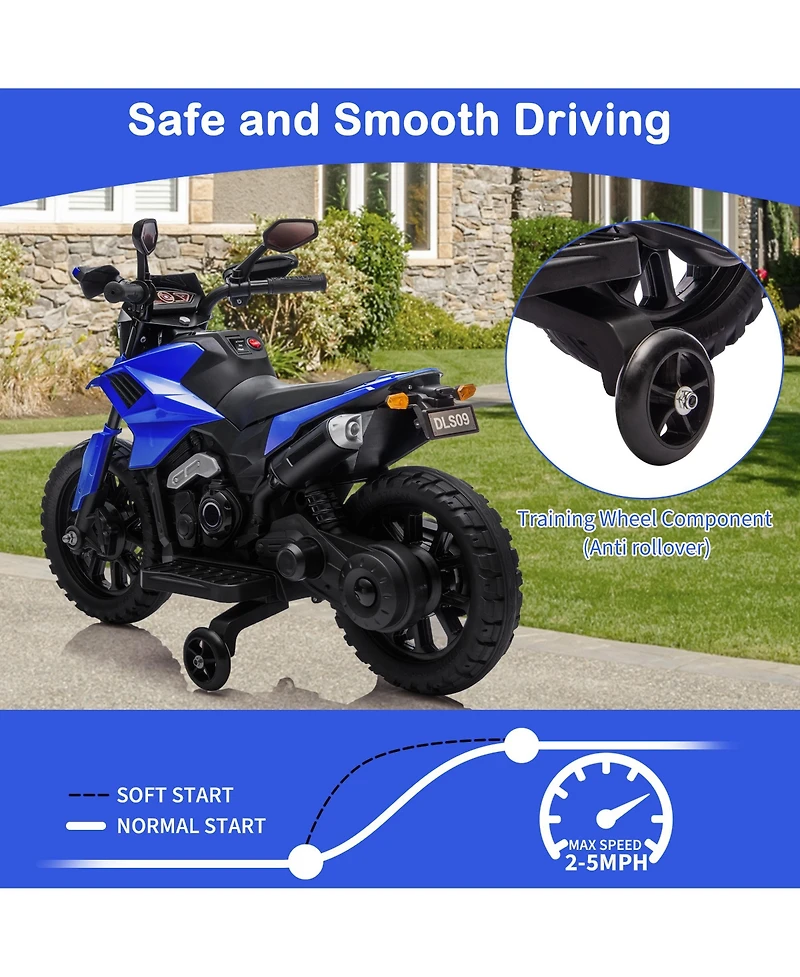 6V Kids Ride On Motorcycle Toy, Battery Powered 2-Wheel Scooter with Training Wheels for Indoor Outdoor Play, Blue, Ages 3-6