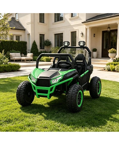 24V Dual Seat Kids Ride On Utv Utility Vehicle, 4WD Battery Powered Off Road Car with Metal Frame for Outdoor Fun, Green, Ages 3-6