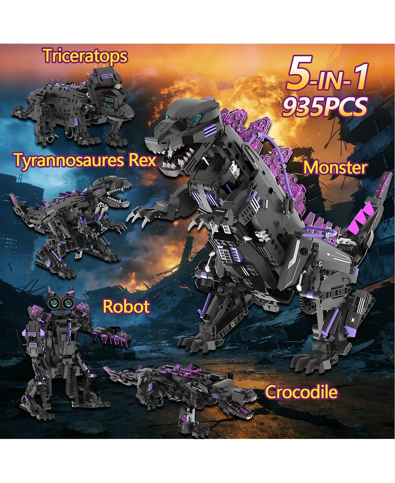 5-in-1 Remote Control Dinosaur Building Blocks Toy Ages 6+, Programmable Rc Robot Kit for Kids, Indoor Outdoor Play, Purple