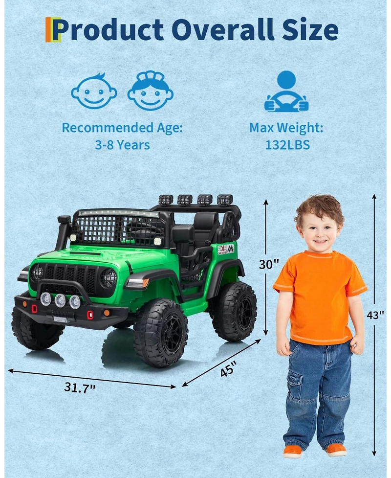 44.7x31.5x28.5 Inch 24V Electric Ride On Truck for Kids, 2-Seater Suv with Remote Control and 4WD, Outdoor Toy for Boys Girls, Green, Ages 3-6