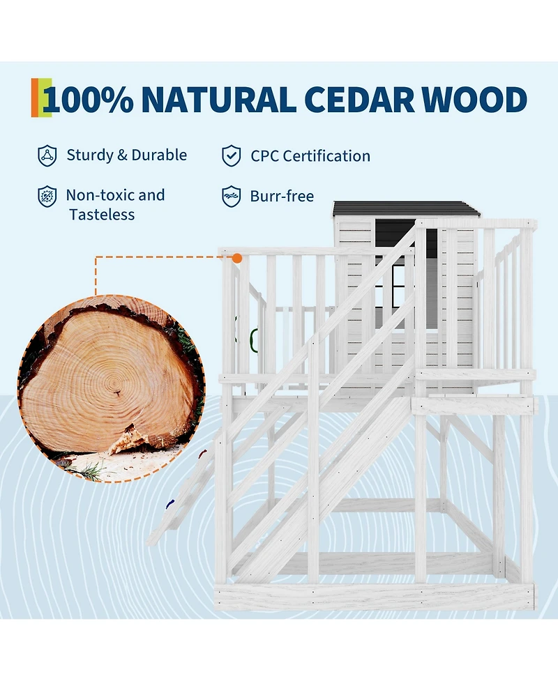 Kids Wooden Play Castle with Climbing Wall and Slide, Outdoor Backyard Sandbox Playset with Stairs for Fun Play, White, Ages 3-8