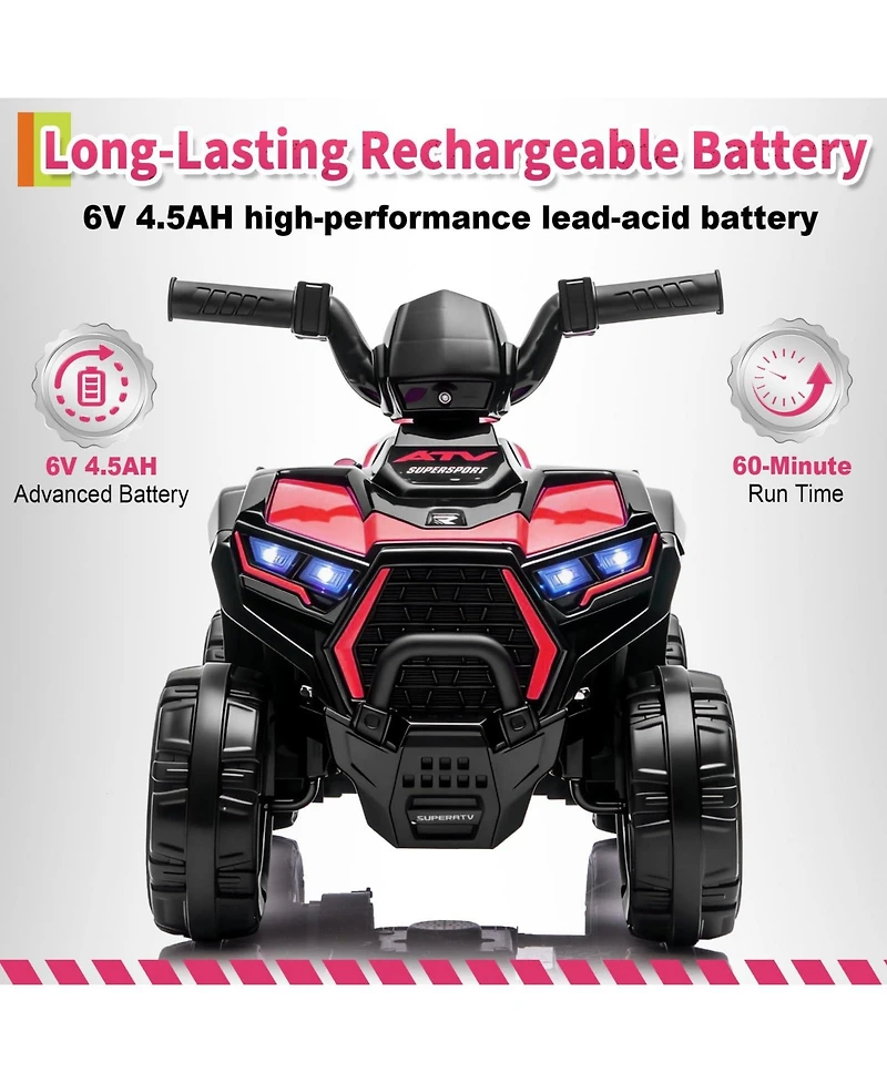 6V Kids Ride On Atv Quad Toy, Battery Powered 4-Wheel Off Road Vehicle for Outdoor Fun, Red/Pink, Ages 3-6
