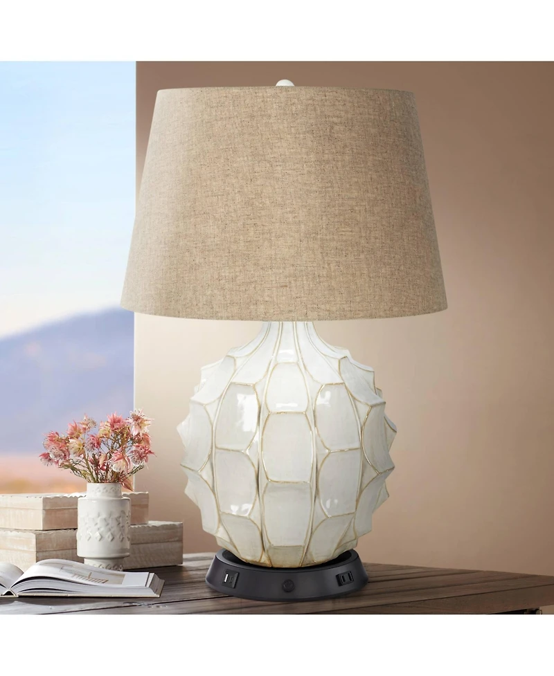 Possini Euro Design Cosgrove Modern Mid Century Table Lamp 26 1/2" High White Glazed Ceramic with Usb Charging Port Brown Linen Drum Shade for Desk