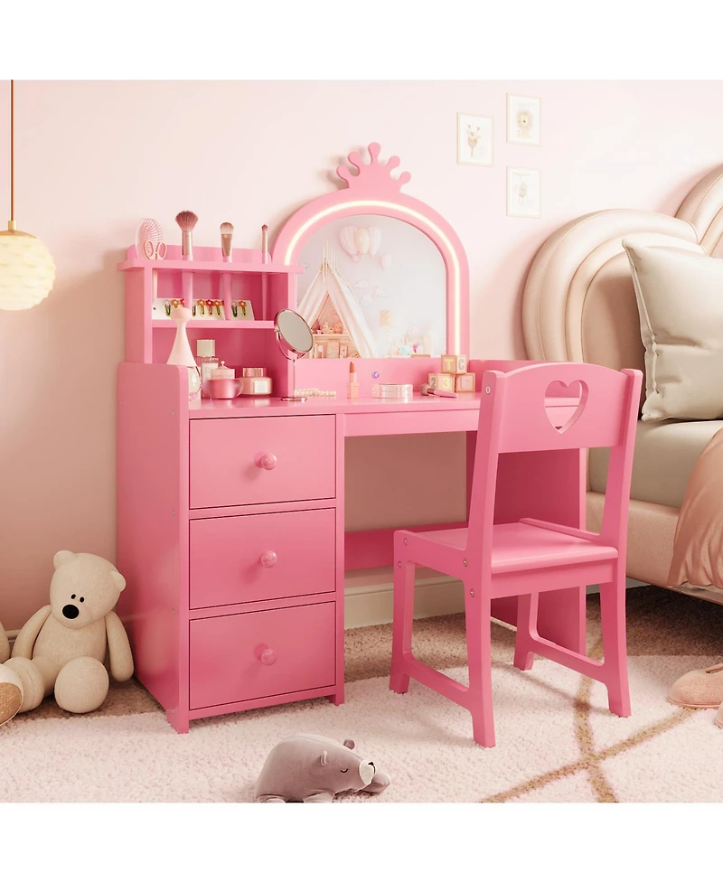 Girls Kids Vanity Desk with Mirror and Lights, Wooden Makeup Vanity Set with Chair, Storage Shelves and Drawers, Princess Dressing Table for Bedroom