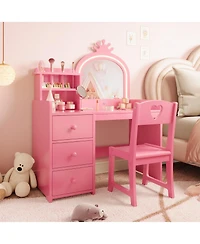 Girls Kids Vanity Desk with Mirror and Lights, Wooden Makeup Vanity Set with Chair, Storage Shelves and Drawers, Princess Dressing Table for Bedroom