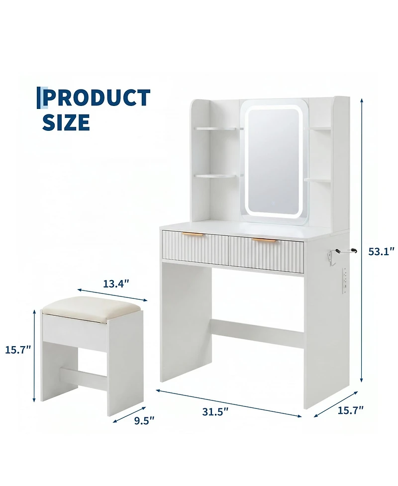 Compact Lighted Vanity Desk with Mirror, Led Lighting and Matching Stool, Built-In Charging Station and Jewelry Storage, Dressing Table for Bedroom