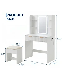 Compact Lighted Vanity Desk with Mirror, Led Lighting and Matching Stool, Built-In Charging Station and Jewelry Storage, Dressing Table for Bedroom