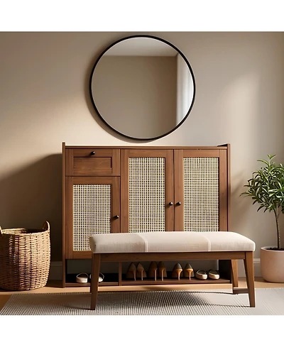 48.8x15.0x43.3in 3 Door 1 Drawer Shoe Cabinet with Rattan Details, Engineered Wood Entryway Storage for Hallway Bedroom, Light/Dark Brown