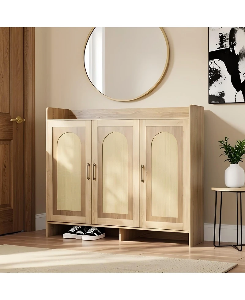 52.4x17.9x8.3in 3 Door Shoe Cabinet with Rattan Arch Doors, Engineered Wood Entryway Storage for Hallway Closet, Black/Brown