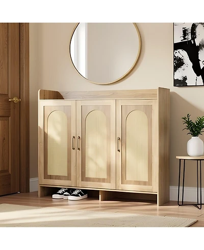 52.4x17.9x8.3in 3 Door Shoe Cabinet with Rattan Arch Doors, Engineered Wood Entryway Storage for Hallway Closet, Black/Brown