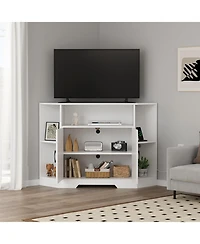 Corner Tv Stand for 55 Inch TVs with Outlet and Barn Doors, Farmhouse Entertainment Center with Adjustable Shelf, Cabinets for Living Room